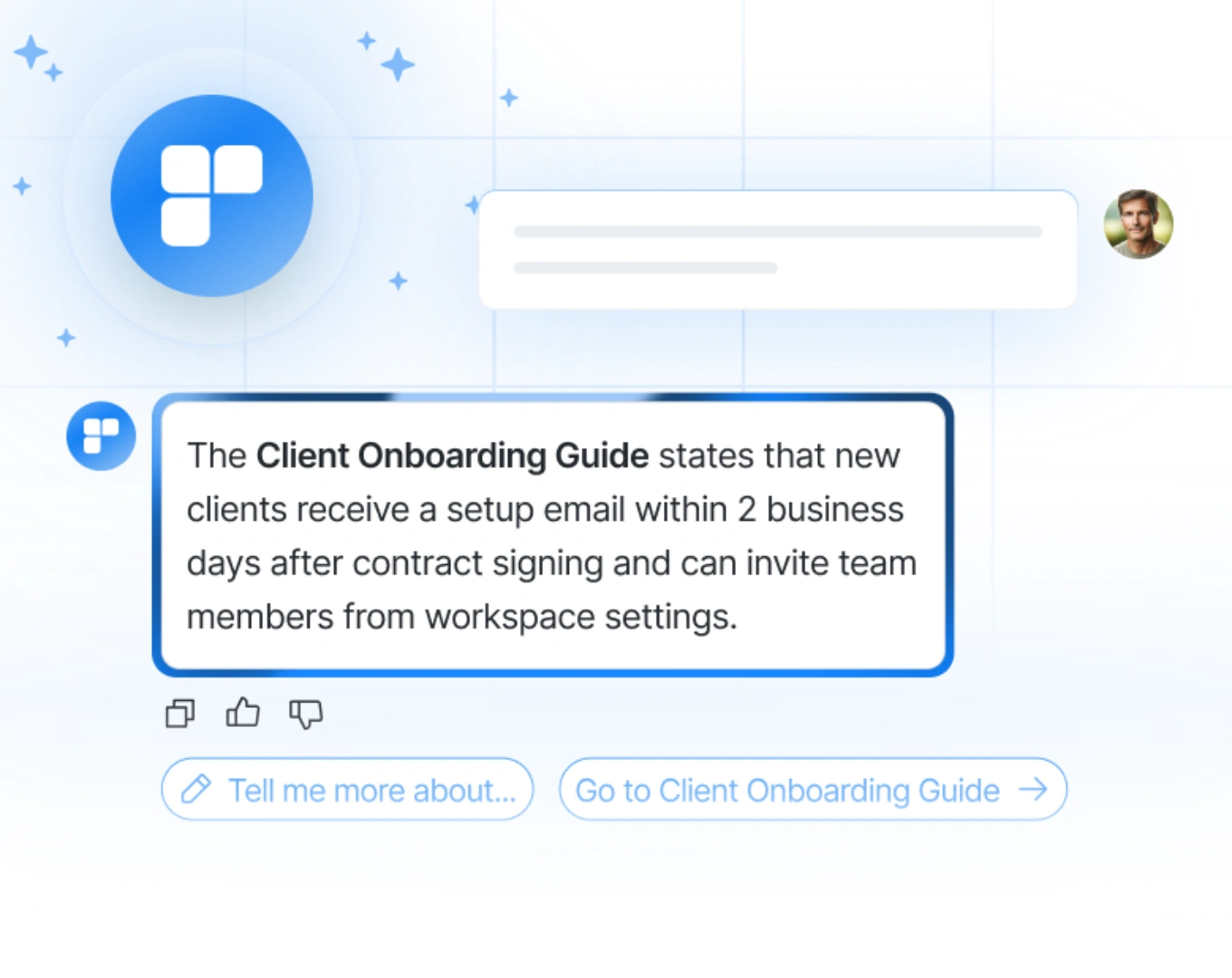 Fylos AI answering a question with a source-backed answer from the Client Onboarding Guide