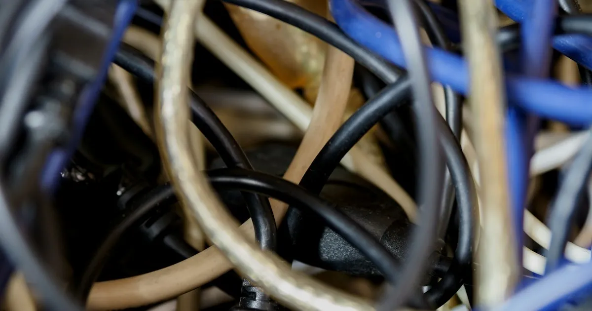 A tangled bundle of black, blue and beige cables