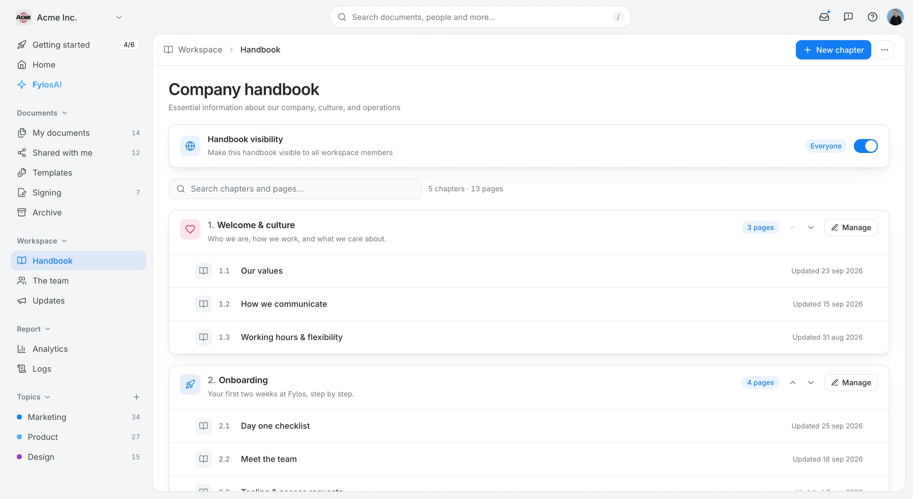 The Fylos company handbook, organized into numbered chapters and pages with the last-updated date of each page and a visibility toggle for all workspace members