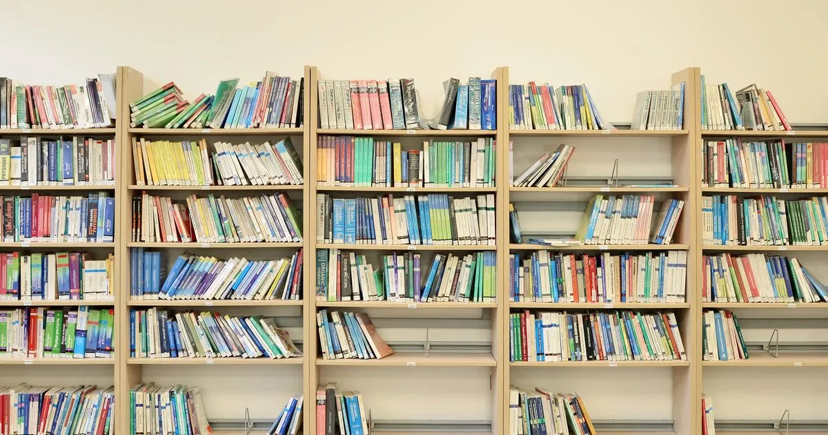 Wooden bookshelves filled with rows of colorful books