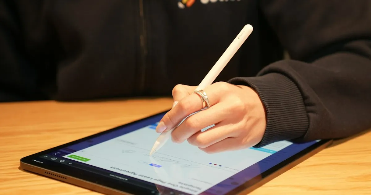A hand signing a lease agreement on a tablet with a stylus