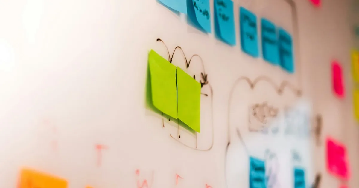 Colorful sticky notes and sketches on a whiteboard