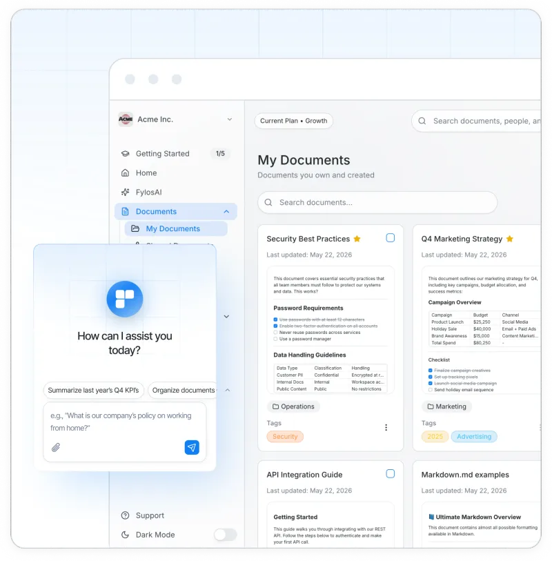 Fylos My Documents view with floating AI assistant chat card